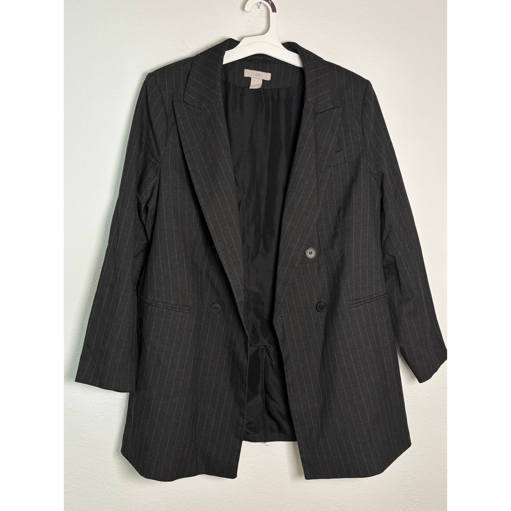 HM Womens Charcoal Grey Pinstripe Double Breasted Blazer Jacket Size L Large